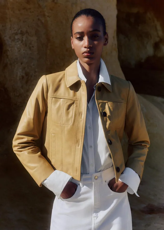 Women Leather Crop Jacket Ochre MEEM
