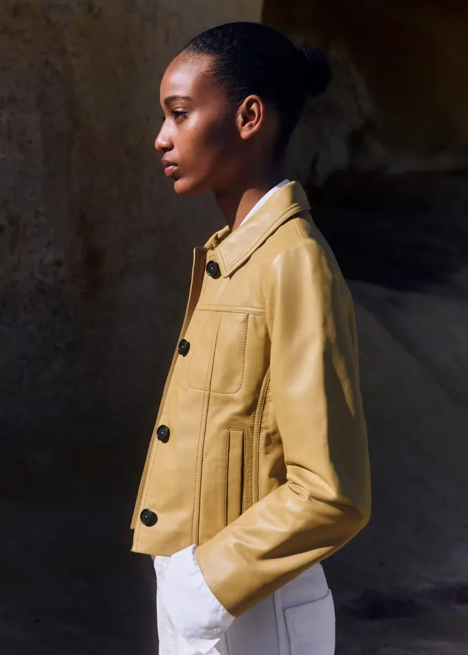 Women Leather Crop Jacket Ochre MEEM