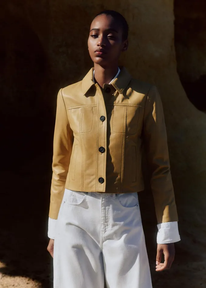 Women Leather Crop Jacket Ochre MEEM
