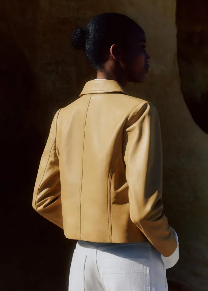 Women Leather Crop Jacket Ochre MEEM