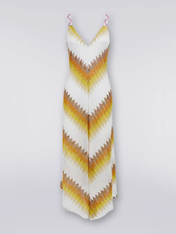 Women Long Cover Up With Braided Ribbon Straps White Yellow and Ochre Missoni Beachwear Women Long Cover Up With Braided Ribbon Straps White Yellow and Ochre Missoni Beachwear