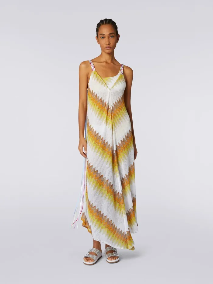 Women Long Cover Up With Braided Ribbon Straps White Yellow and Ochre Missoni Beachwear