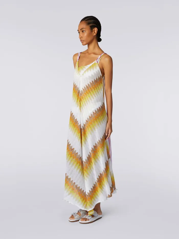 Women Long Cover Up With Braided Ribbon Straps White Yellow and Ochre Missoni Beachwear