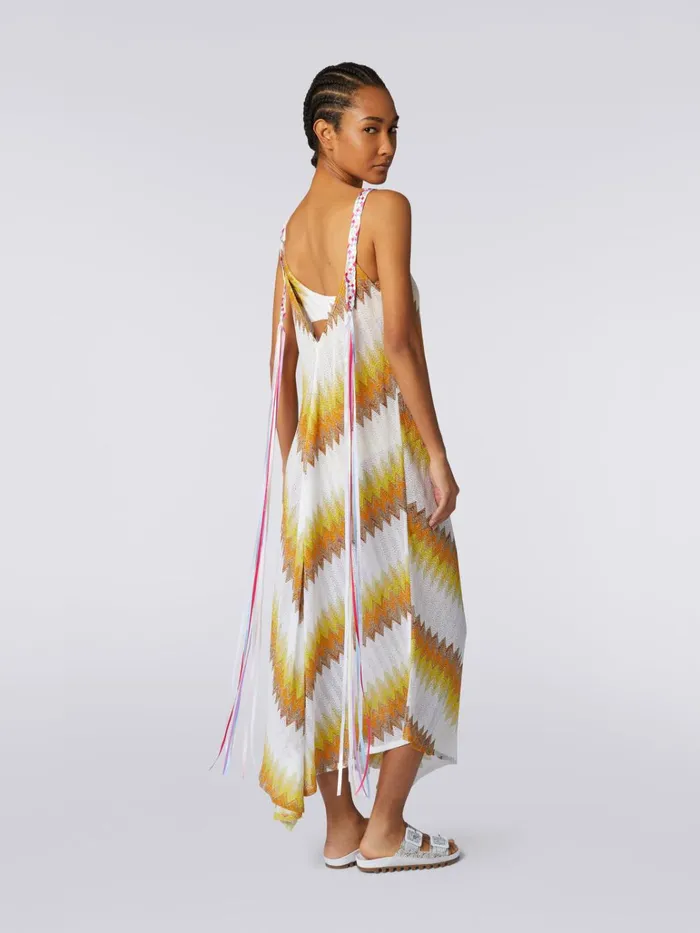 Women Long Cover Up With Braided Ribbon Straps White Yellow and Ochre Missoni Beachwear