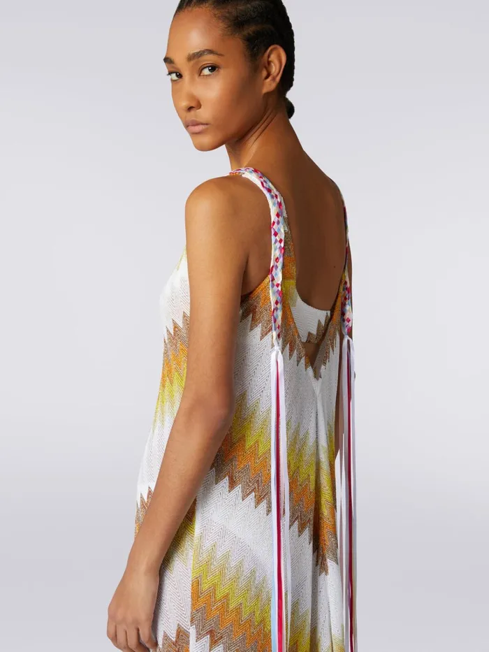 Women Long Cover Up With Braided Ribbon Straps White Yellow and Ochre Missoni Beachwear