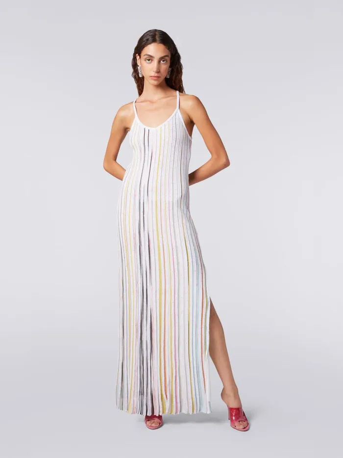 Women Long Ribbed Knit Dress With Sequins White and Multicoloured Missoni Dresses