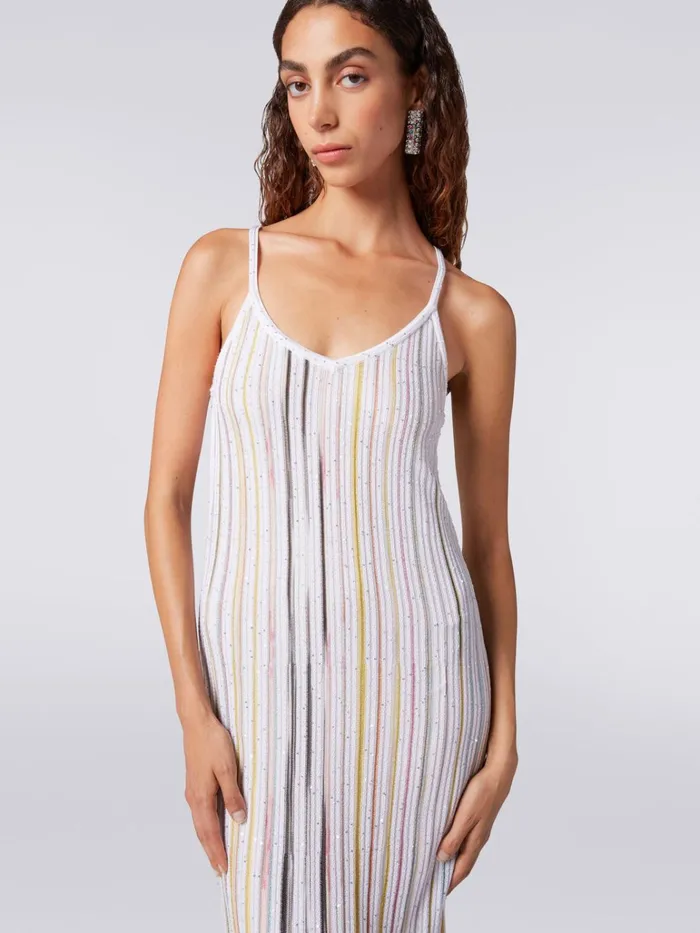 Women Long Ribbed Knit Dress With Sequins White and Multicoloured Missoni Dresses