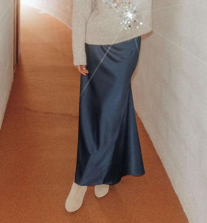 Women Long Satin Skirt 8211 Dark Blue Promod Skirts
