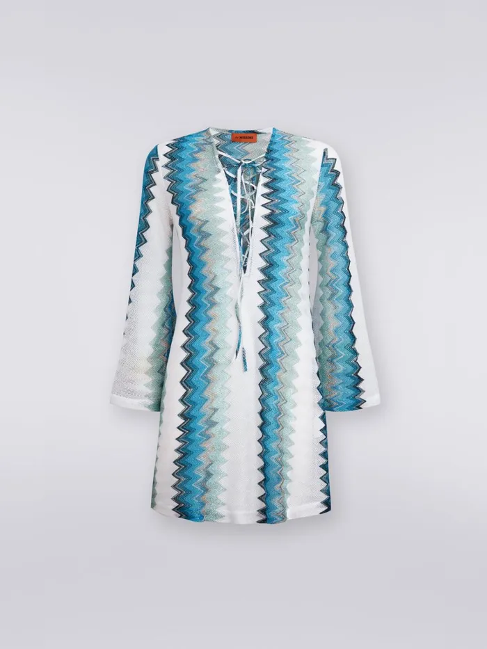 Women LongSleeved Kaftan In Viscose Blend With Zigzag Lam White Blue and Sky Blue Missoni Beachwear Women LongSleeved Kaftan In Viscose Blend With Zigzag Lam White Blue and Sky Blue Missoni Beachwear