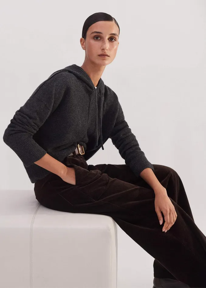 Women Luxe Cashmere Curved Hem Hoody Dark Charcoal MEEM