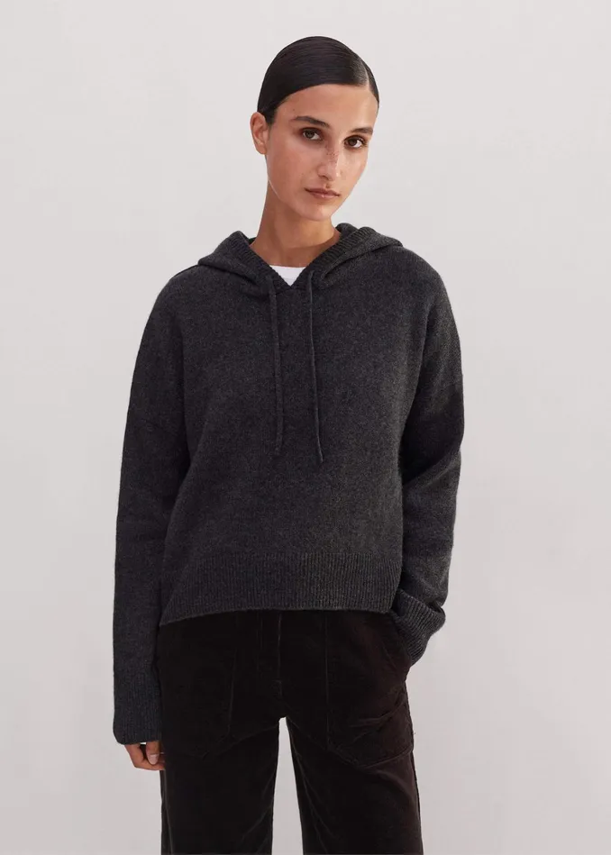 Women Luxe Cashmere Curved Hem Hoody Dark Charcoal MEEM