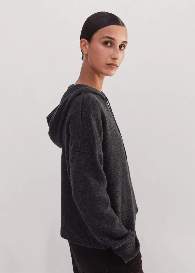 Women Luxe Cashmere Curved Hem Hoody Dark Charcoal MEEM