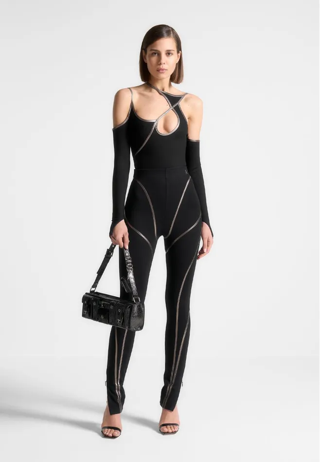Women Manire De Voir Chrome Piped Contour Bodysuit Black