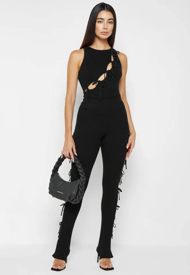 Women Manire De Voir Knitted Lace Up Leggings With Stirrups Black