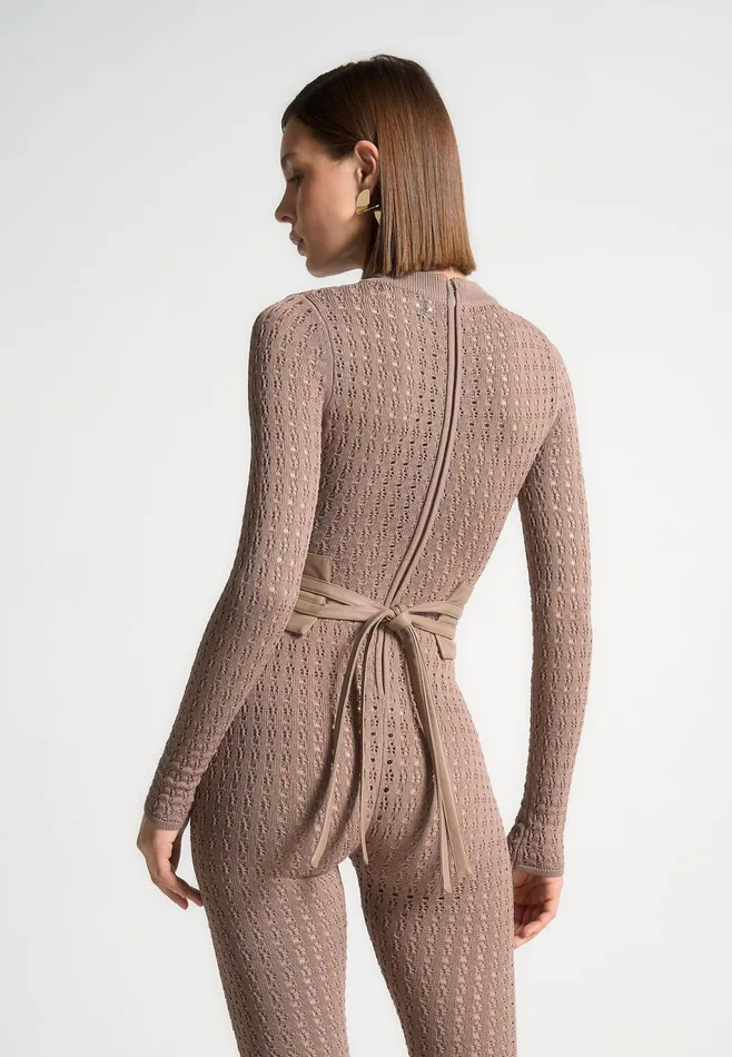 Women Manire De Voir Pointelle Knit Long Sleeve Jumpsuit With Belt Taupe