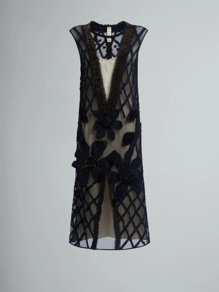 Women Marni Dresses Black Chiffon Dress With Flower Appliqus