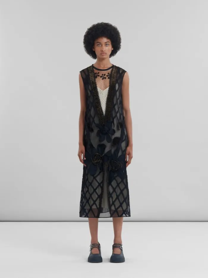 Women Marni Dresses Black Chiffon Dress With Flower Appliqus