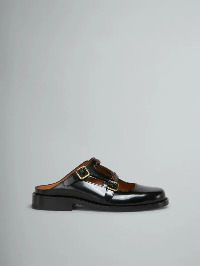 Women Marni Slides and Sandals Black Leather Bambi 30 Loafer With Double Buckle