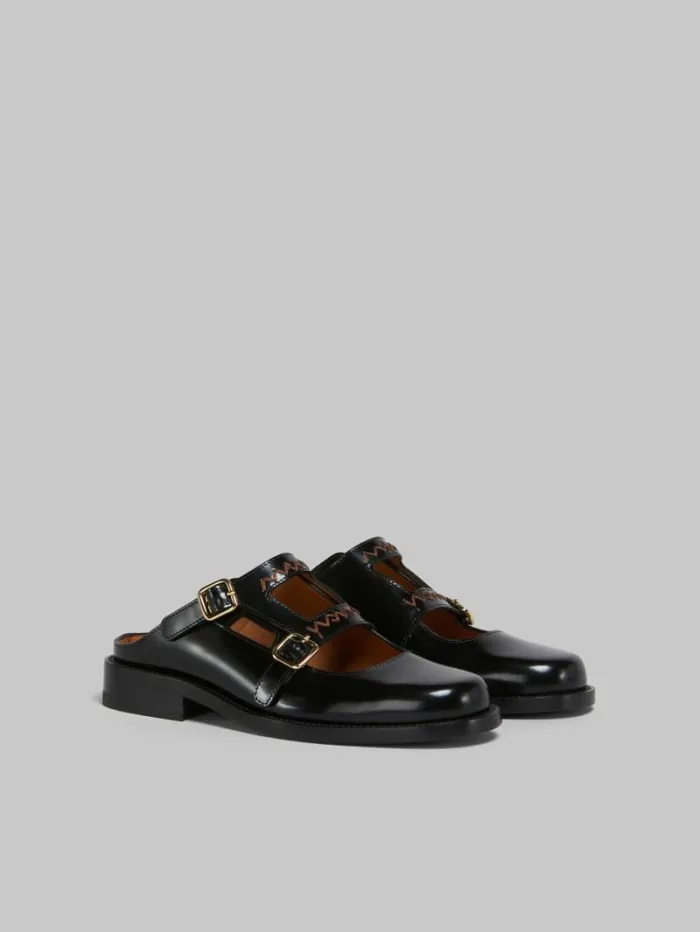 Women Marni Slides and Sandals Black Leather Bambi 30 Loafer With Double Buckle