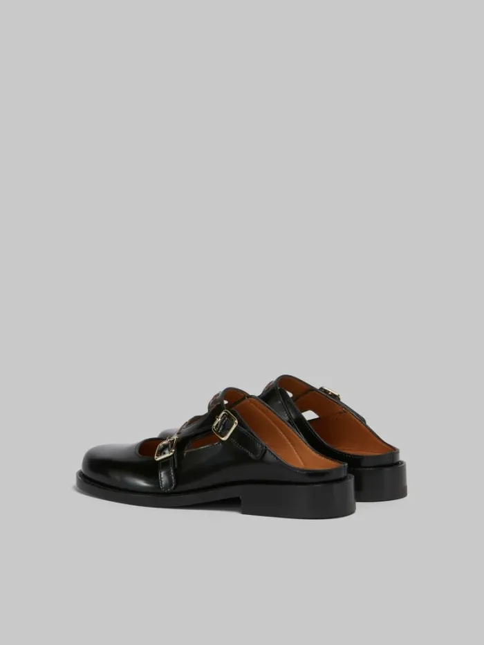 Women Marni Slides and Sandals Black Leather Bambi 30 Loafer With Double Buckle