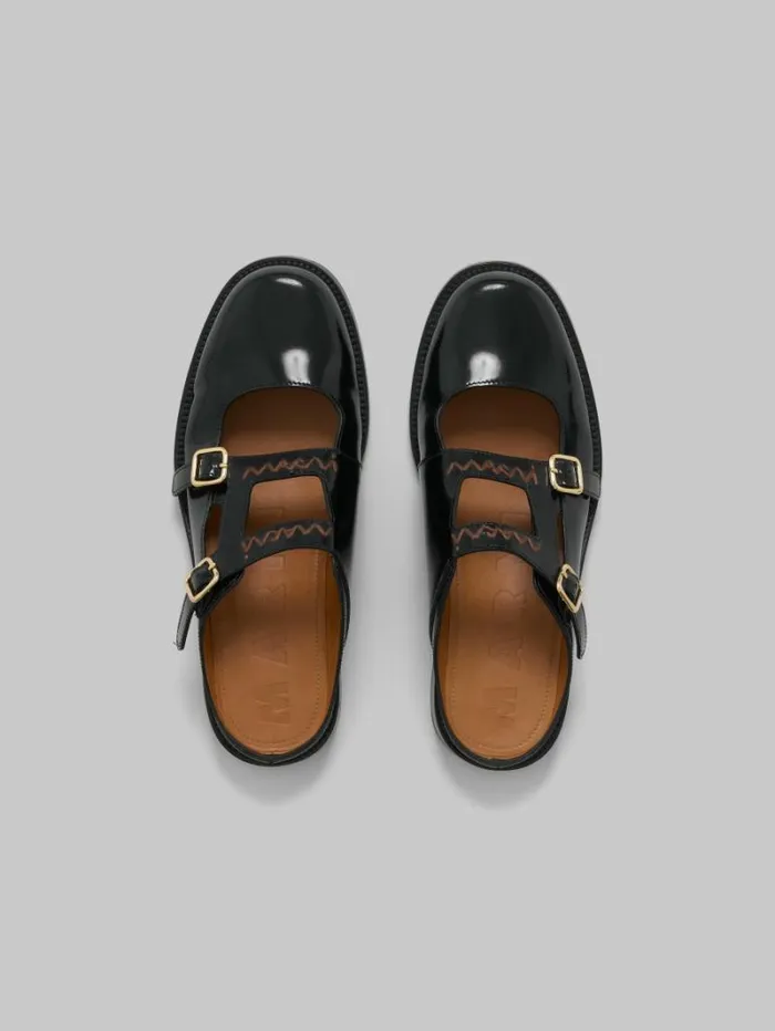 Women Marni Slides and Sandals Black Leather Bambi 30 Loafer With Double Buckle