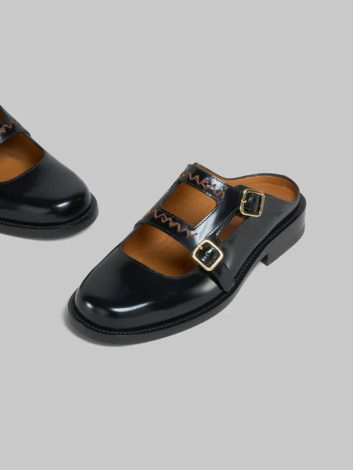 Women Marni Slides and Sandals Black Leather Bambi 30 Loafer With Double Buckle