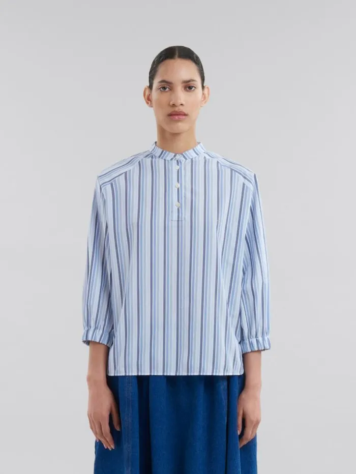 Women Marni Tops and Tshirts Blue Striped Poplin Top With Mandarin Collar