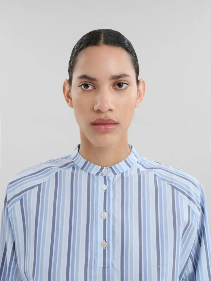Women Marni Tops and Tshirts Blue Striped Poplin Top With Mandarin Collar