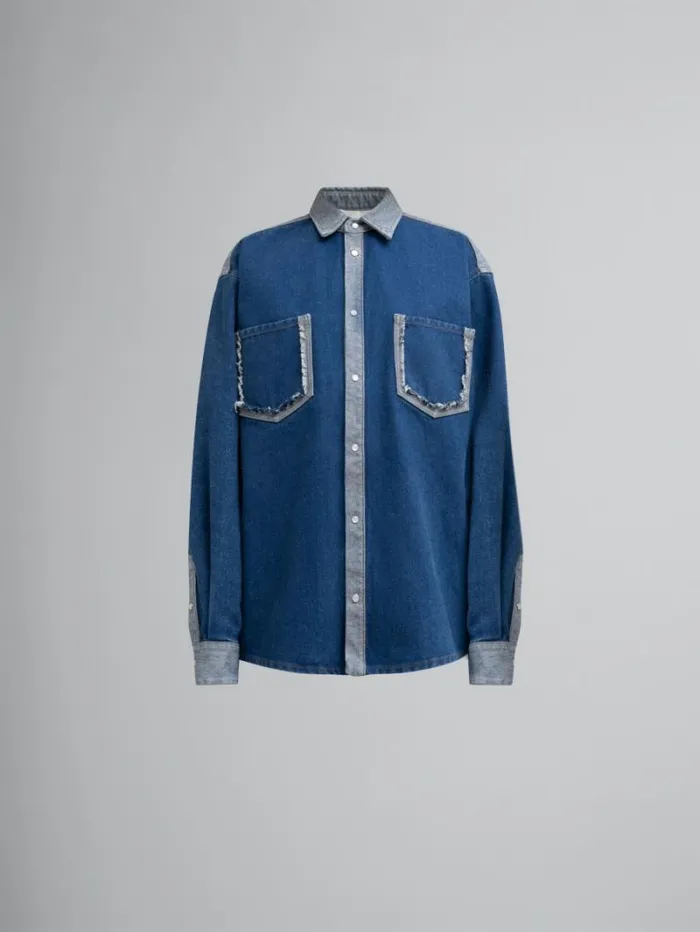 Women Marni Tops and Tshirts Blue TwoTone Denim Shirt With RawCut Edges
