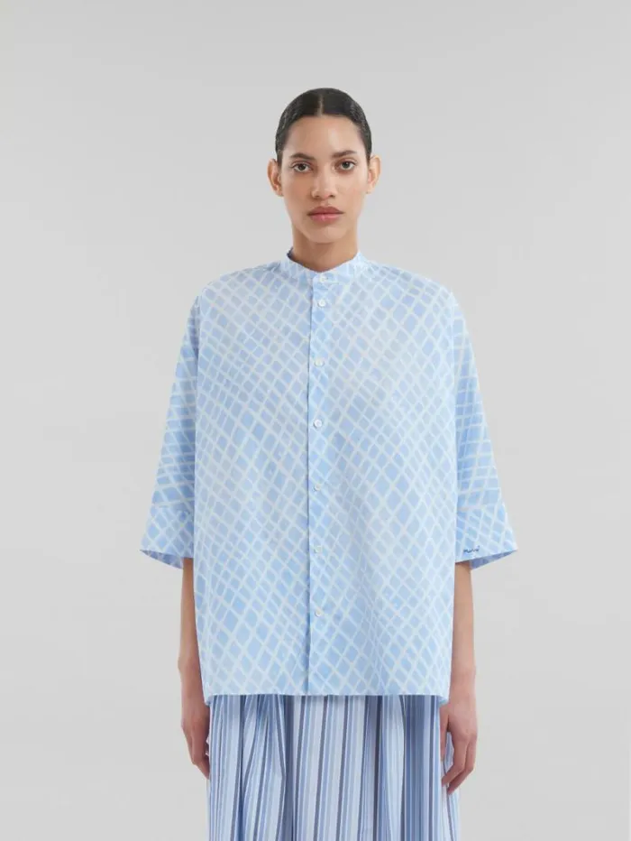 Women Marni Tops and Tshirts Light Blue Poplin Kimono Shirt With Landscapes Print