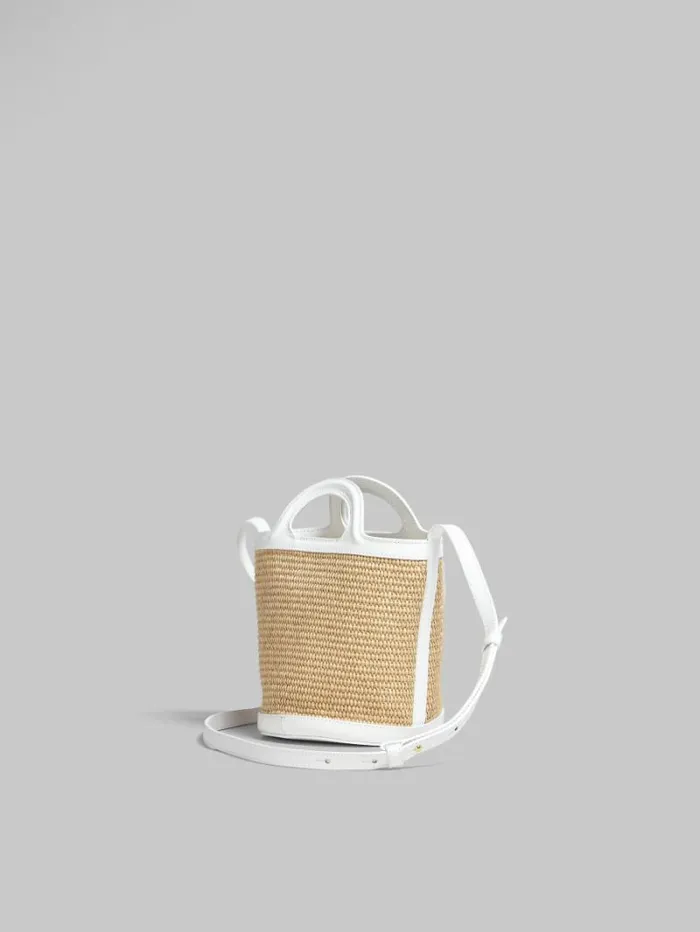 Women Marni Tropicalia Bag Tropicalia Small Bucket Bag In White Leather And RaffiaEffect Fabric