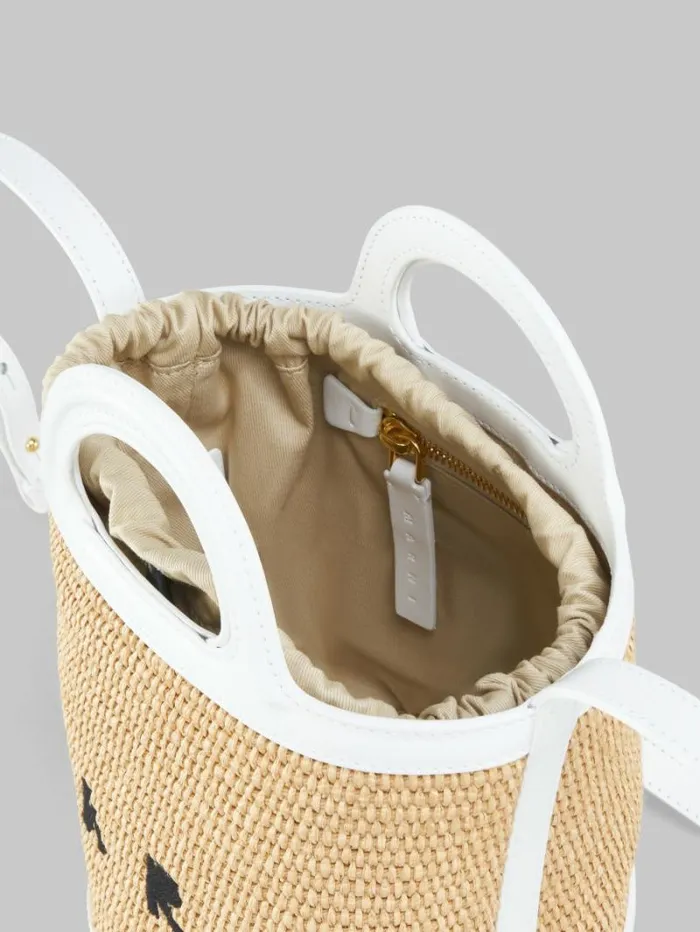 Women Marni Tropicalia Bag Tropicalia Small Bucket Bag In White Leather And RaffiaEffect Fabric