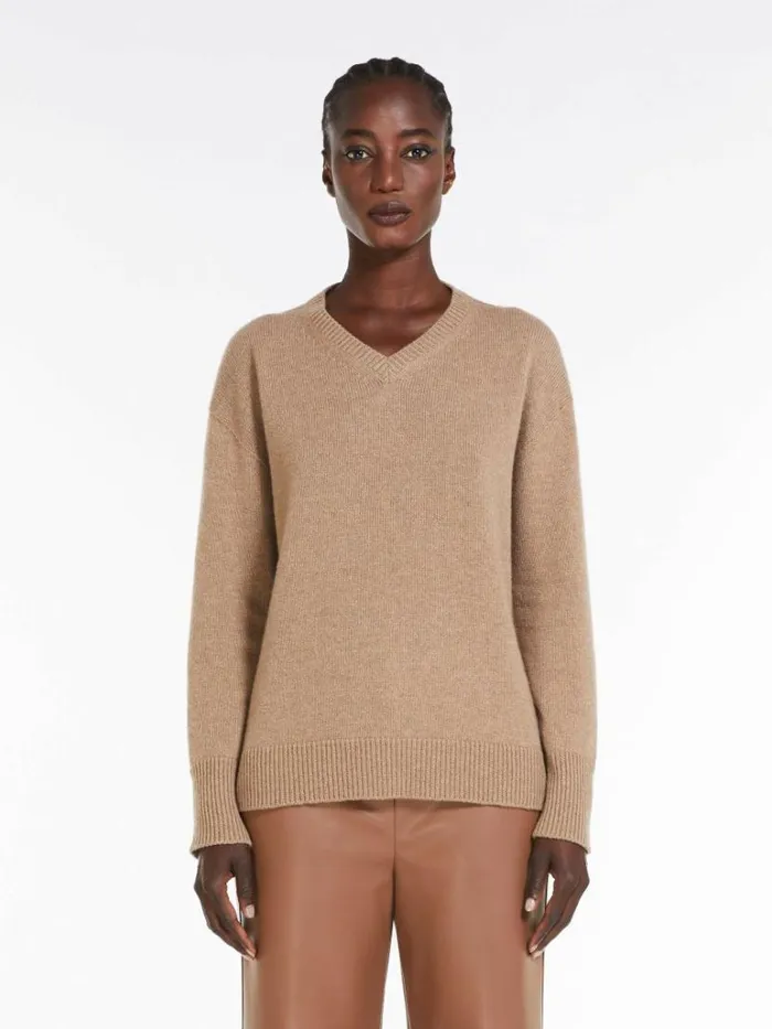 Women Max Mara Knitwear Cashmere Vneck Sweater Camel