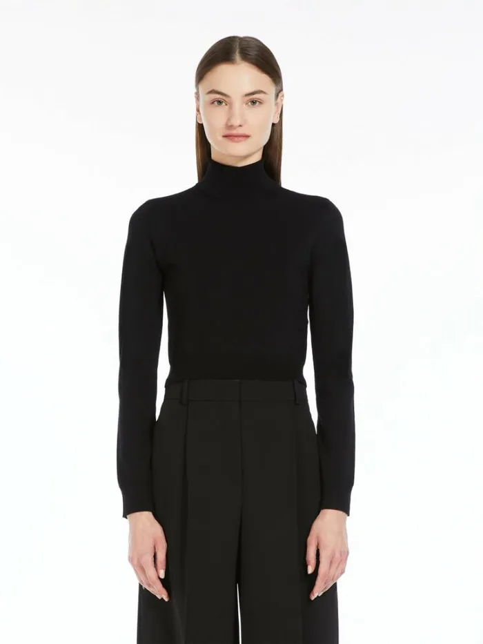 Women Max Mara Knitwear Cropped Stretch Wool Turtleneck Black