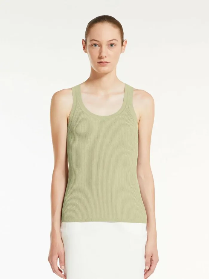 Women Max Mara Knitwear Ribbed Viscose Top Kaki