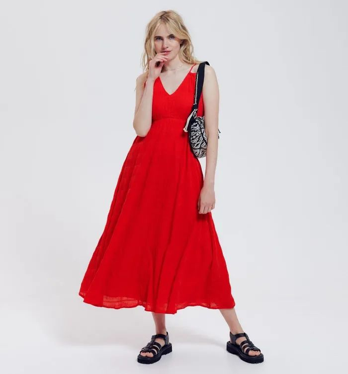 Women MidLength Strappy Dress 8211 Red Promod Dresses Women MidLength Strappy Dress 8211 Red Promod Dresses
