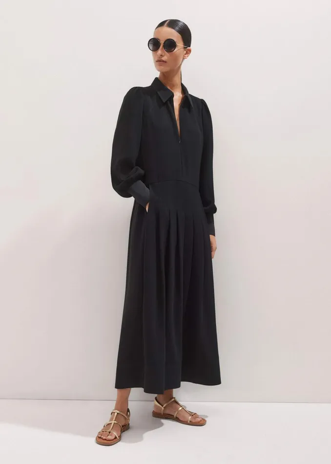 Women Modern Twill Pleated Maxi Dress Black MEEM