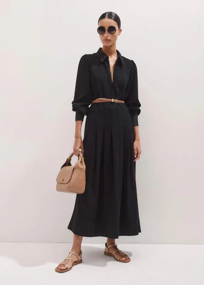 Women Modern Twill Pleated Maxi Dress Black MEEM