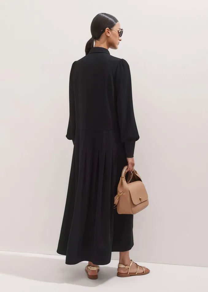 Women Modern Twill Pleated Maxi Dress Black MEEM