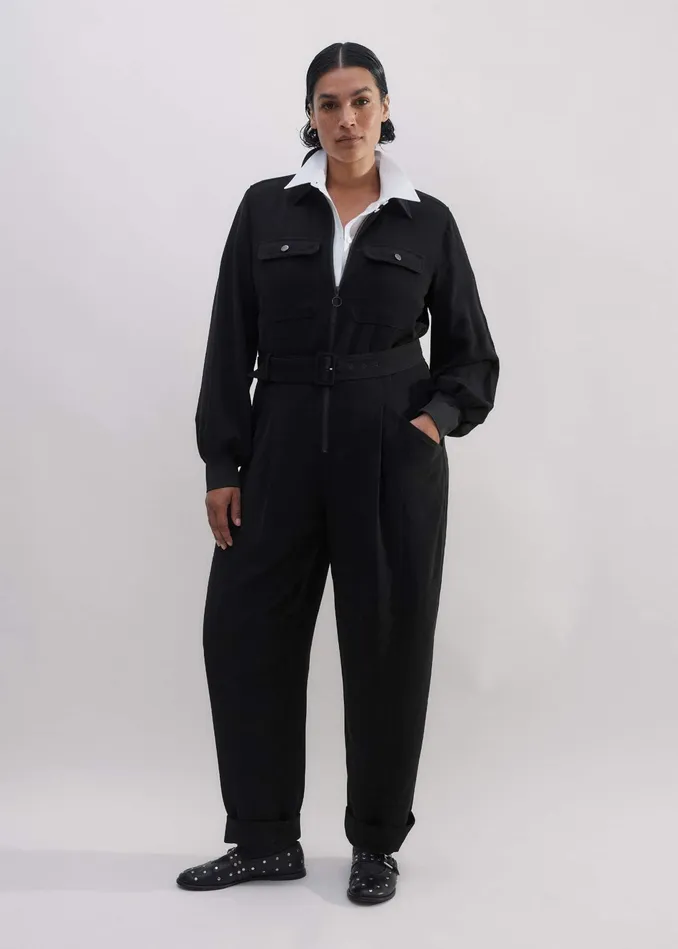 Women Modern Twill TaperedLeg Jumpsuit Belt Black MEEM