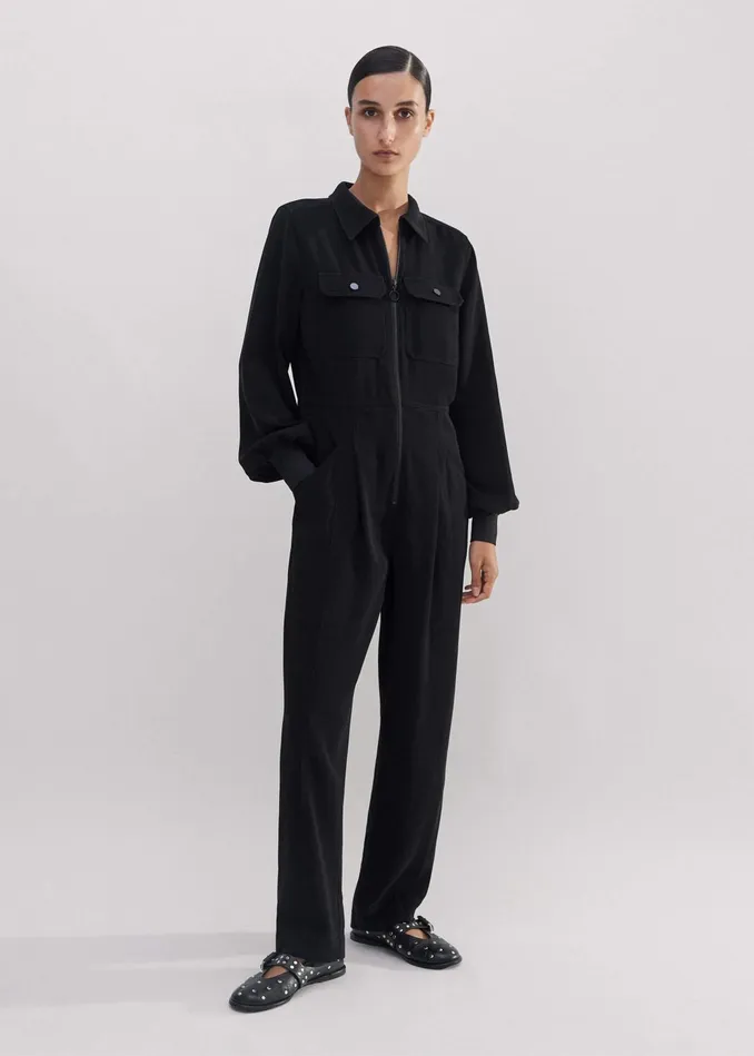 Women Modern Twill TaperedLeg Jumpsuit Belt Black MEEM