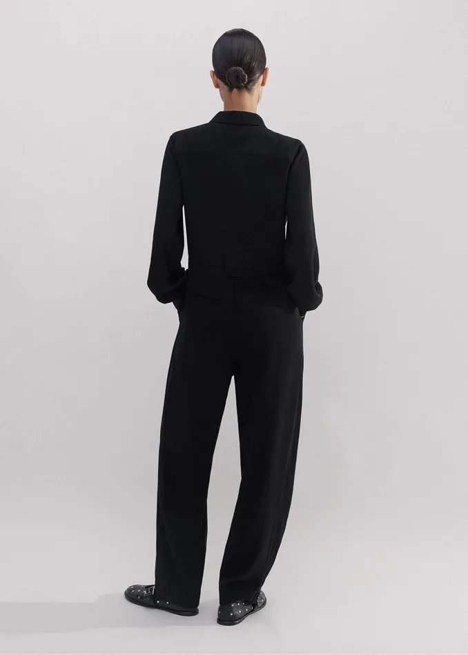 Women Modern Twill TaperedLeg Jumpsuit Belt Black MEEM