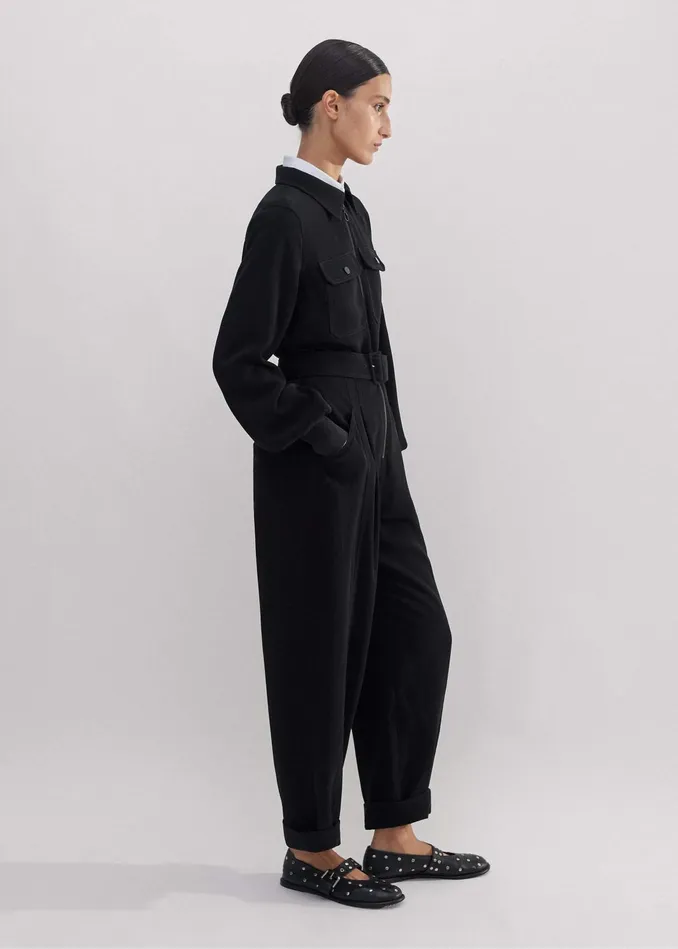 Women Modern Twill TaperedLeg Jumpsuit Belt Black MEEM