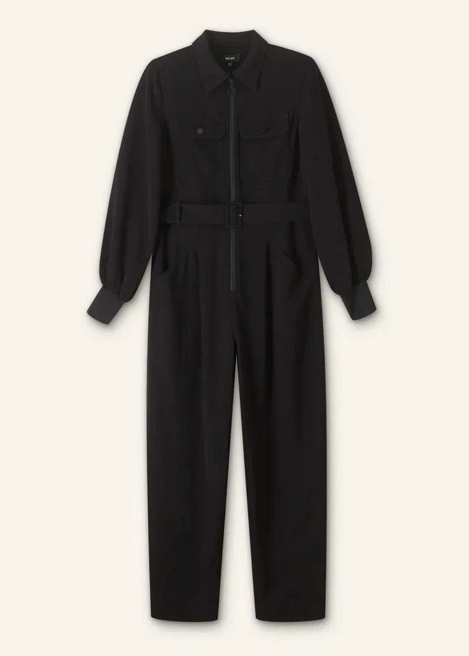 Women Modern Twill TaperedLeg Jumpsuit Belt Black MEEM