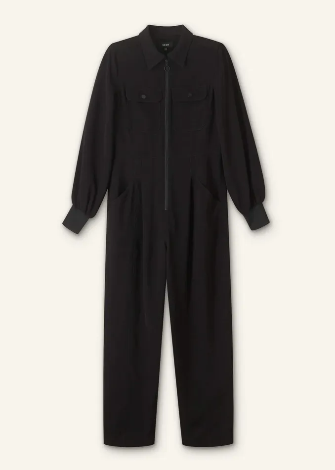 Women Modern Twill TaperedLeg Jumpsuit Belt Black MEEM
