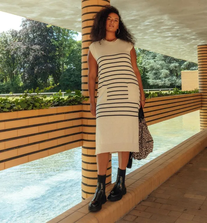 Women Nautical Knit Dress 8211 Ecru Stripes Promod Dresses