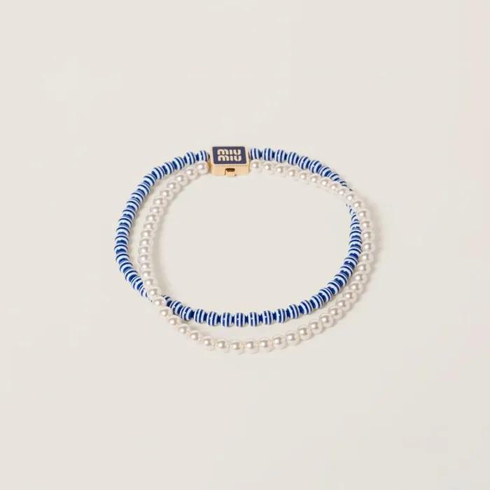 Women Necklaces Miu Miu Metal And Synthetic Pearl Choker Navy