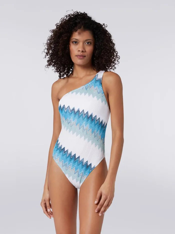 Women OnePiece OneShoulder Chevron Swimming Costume With Lam White Blue and Sky Blue Missoni Swimsuits