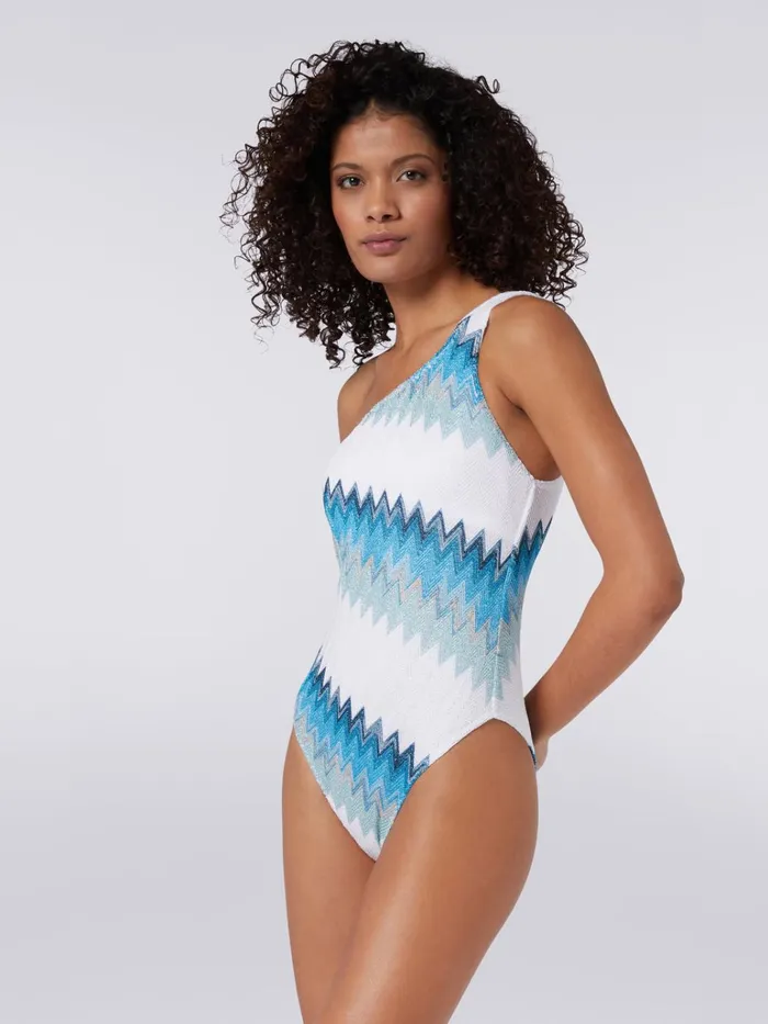 Women OnePiece OneShoulder Chevron Swimming Costume With Lam White Blue and Sky Blue Missoni Swimsuits
