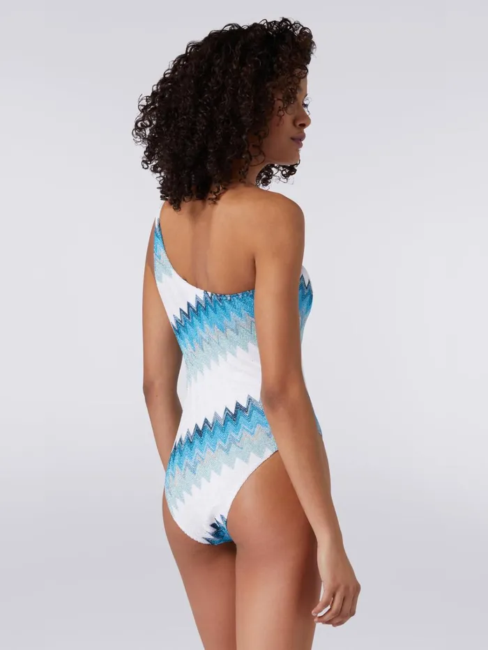 Women OnePiece OneShoulder Chevron Swimming Costume With Lam White Blue and Sky Blue Missoni Swimsuits